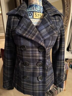 Aeropostale Blue and Black Plaid Double-Breasted Peacoat